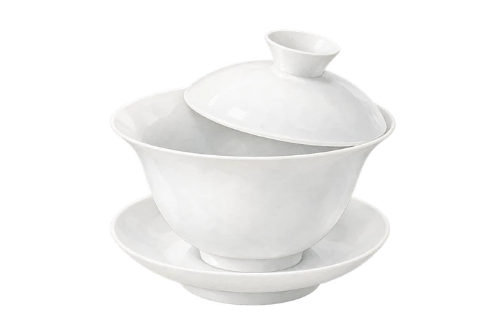 White porcelain gaiwan with bowl, tilted lid and saucer · 盖碗