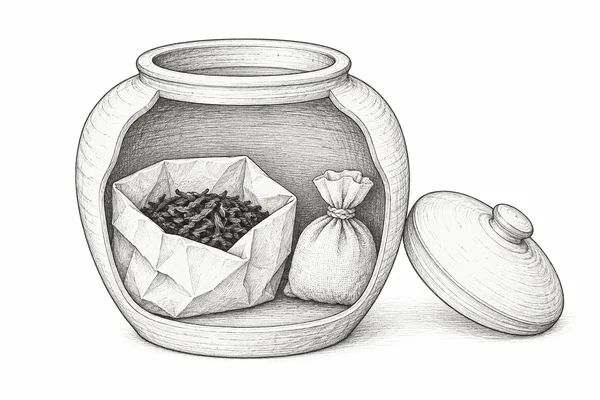 A storage jar with a tea parcel and a separate desiccant sachet