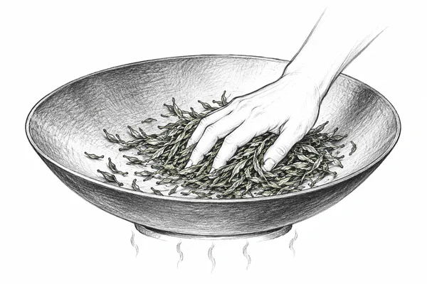A hand shaping tea leaves in a heated pan
