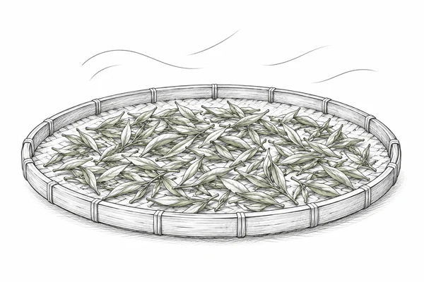 Tea leaves spread across a shallow bamboo tray