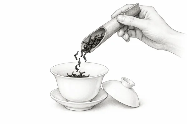 A bamboo scoop drops dry tea leaves into a warmed gaiwan