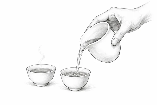 A fairness pitcher pours tea into small tasting cups