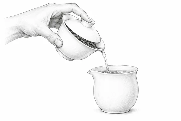 A tilted gaiwan pours tea through a gap at its lid into a fairness pitcher, retaining the leaves