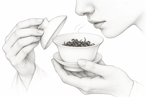A person lifts the gaiwan lid and smells the warm dry tea leaves