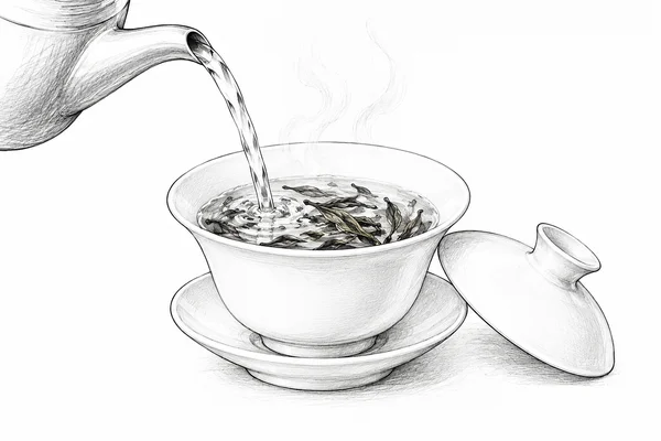 Hot water poured over tea leaves in a gaiwan