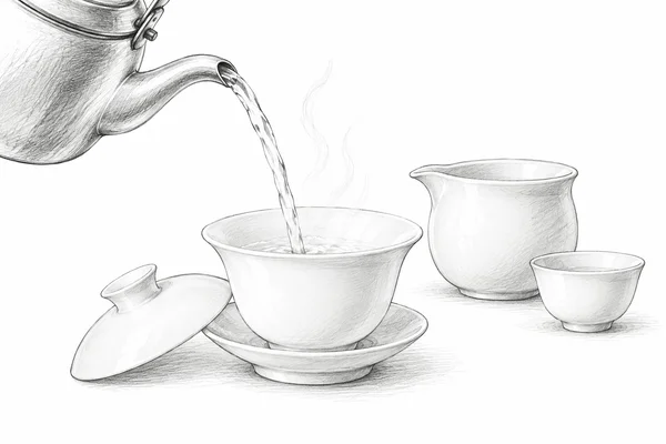 Hot water poured into an empty gaiwan, with a fairness pitcher and tea cup beside it